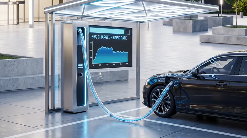 A modern electric vehicle plugged into a high-tech charging station with a thick, liquid-cooled cable.