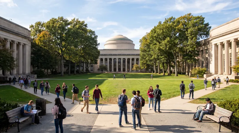 Students walking along pathways at the Massachusetts Institute of Technology campus near the Great Dome.