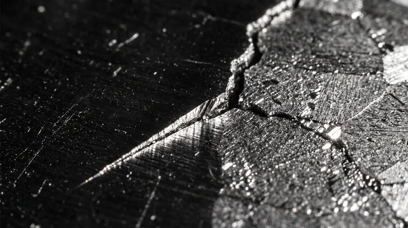 Close-up view of a microscopic crack spreading through a metallic surface under bright lighting.