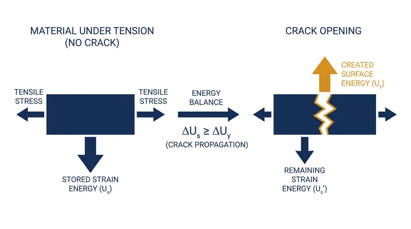 Griffith's criterion balances the release of stored strain energy against the energy required to create new crack surfaces.
