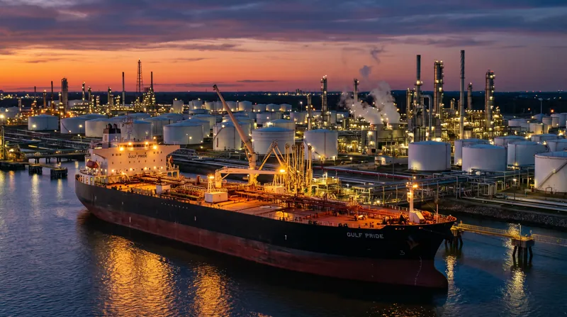 Large oil tanker docked at a coastal refinery terminal with storage tanks in the background.