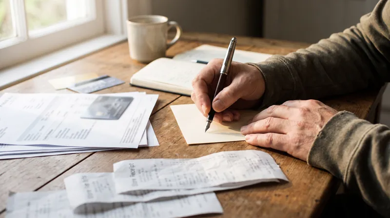 A person's hands writing a formal letter on a desk surrounded by financial statements and receipts.