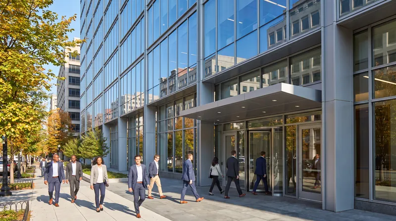 A modern corporate office building in Washington D.C. with professionals walking near the entrance in bright daylight.