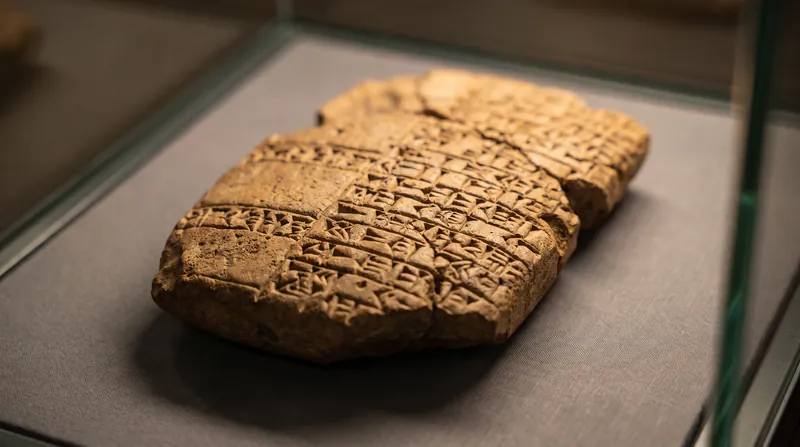 A close-up view of a weathered clay cuneiform tablet fragment with wedge-shaped Akkadian inscriptions.