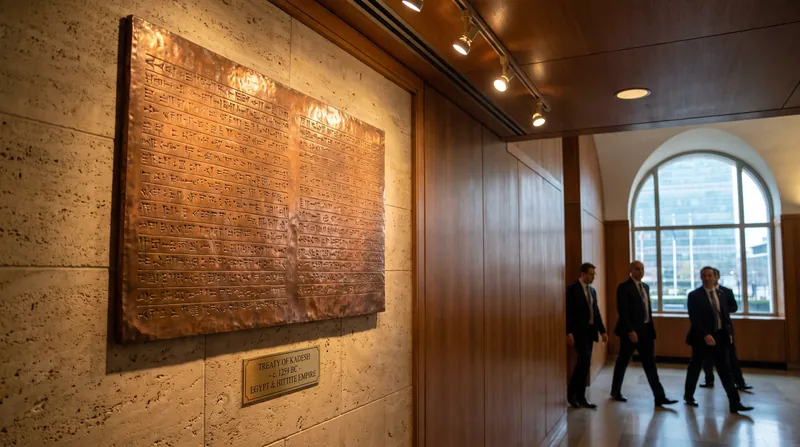 A copper replica of the Treaty of Kadesh hangs in the United Nations headquarters in New York City.