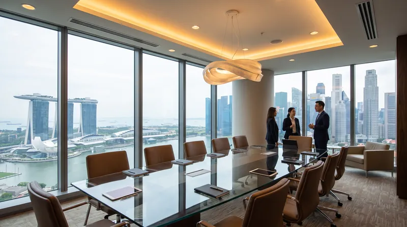 A sleek, modern wealth management office with a glass conference table and panoramic city views.