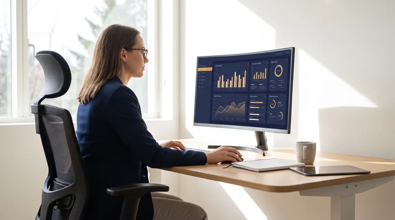 A professional researcher reviewing a digital dashboard of survey data on a computer monitor.