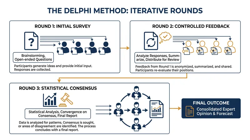 The traditional Delphi method typically requires three discrete rounds of surveys and feedback to reach maximum statistical convergence.