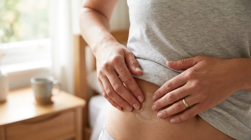 Close-up of a woman's hands applying a clear transdermal hormone patch to her abdomen.