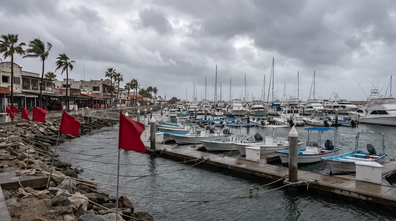 Numerous small boats and yachts tightly secured to docks in the Cabo San Lucas marina under cloudy skies.