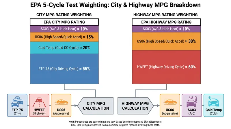 The final sticker numbers are a weighted harmonic average of all five test cycles.