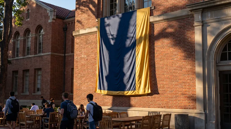 A brick building on the Stanford University campus with a blank promotional banner hanging near the entrance.