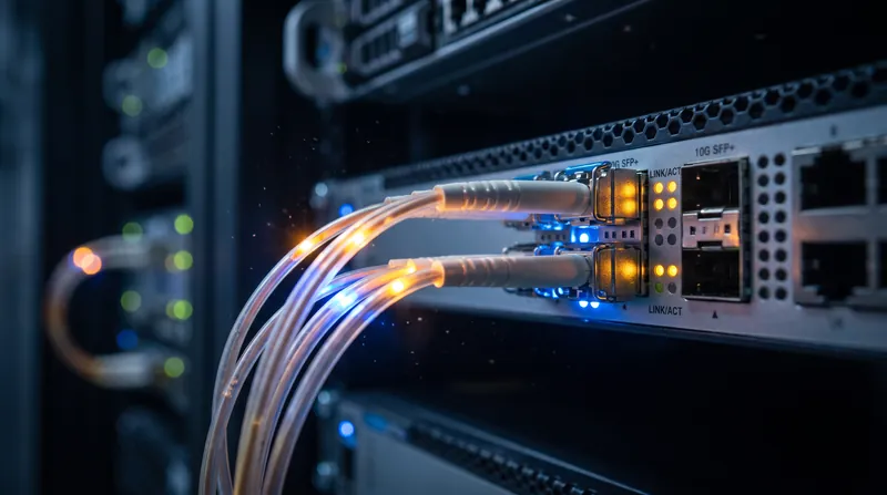 Glowing fiber optic cables plugged into a high-end enterprise network switch in a dark server room.