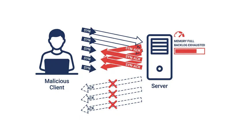 In a SYN flood attack, malicious actors exploit the handshake by never sending the final acknowledgment, exhausting the server's memory.