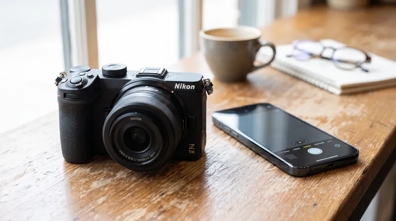 A flat-top Nikon Z5IIC mirrorless camera sitting on a table next to a smartphone.