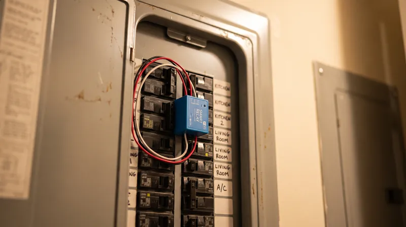 A close-up view of a modern residential electrical breaker box with a small smart relay installed.