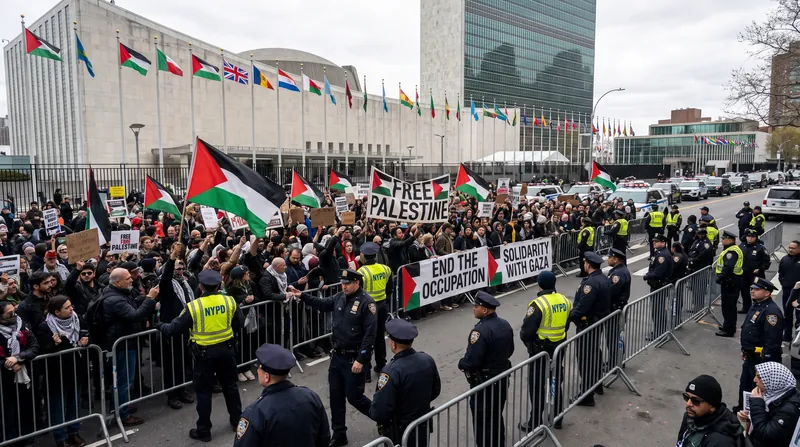 Protesters holding banners and Palestinian flags block a street outside the United Nations headquarters while police stand guard.