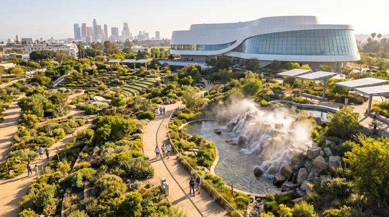 The 11-acre campus, designed by landscape architect Mia Lehrer, replaces a former asphalt parking lot with sustainable public green space.