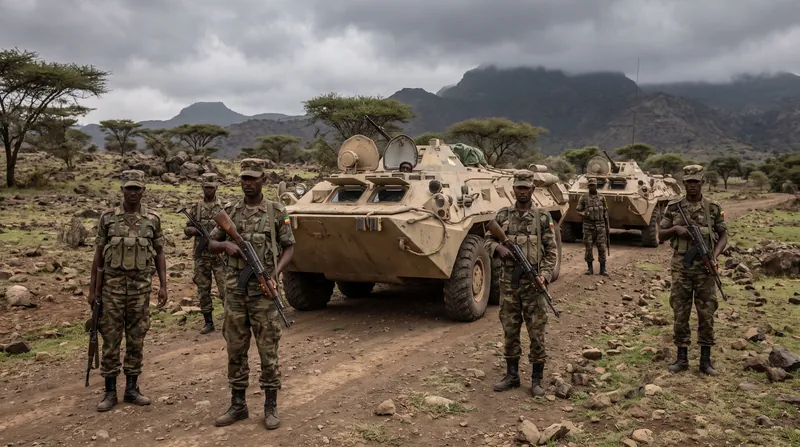 Ethiopian federal military soldiers standing near armored vehicles in a rugged highland landscape.
