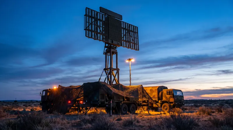A mobile military radar system mounted on a telescopic mast trailer deployed in a field at dusk.