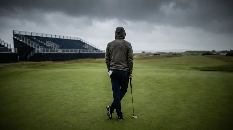 A lone golfer stands on a pristine green under overcast skies, looking down the fairway.