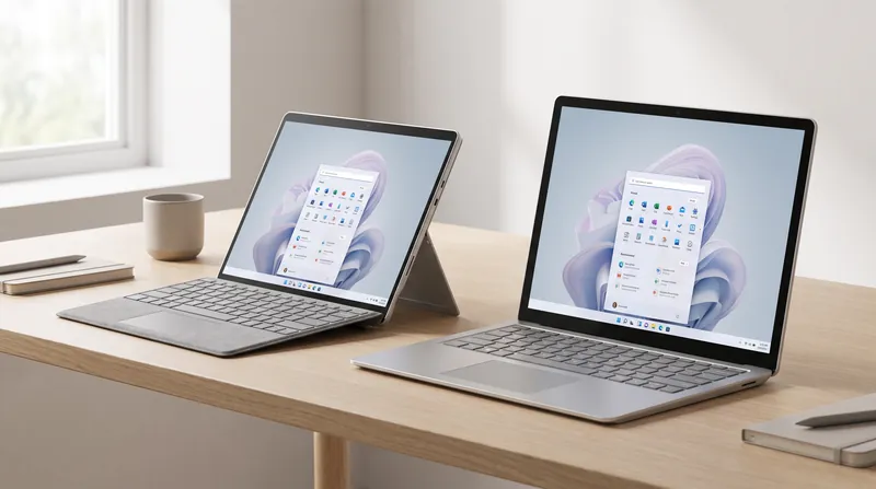 A 12-inch Microsoft Surface Pro tablet with a keyboard attached and a 13-inch Surface Laptop sitting open on a desk.