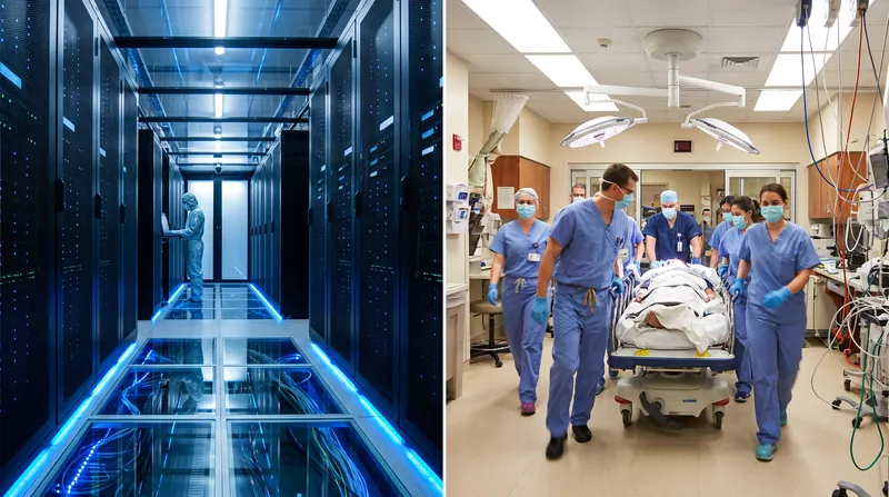 Split view showing a sterile digital server room and a busy, chaotic hospital emergency room.