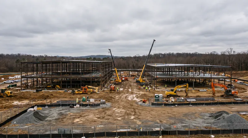 Construction equipment and exposed steel framing at a large data center building site in Virginia.