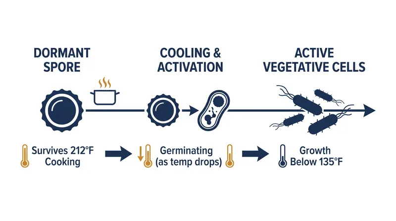 Heat-resistant spores survive cooking and begin to multiply once temperatures fall into the danger zone.