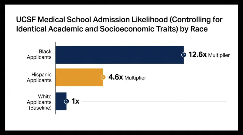 DOJ analysis of UCSF admission likelihood for applicants with identical MCAT scores, GPAs, and socioeconomic traits.
