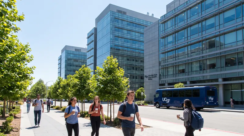 Exterior view of a modern glass and concrete building on the UC San Francisco medical campus.