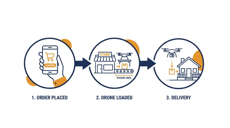The fulfillment process integrates DoorDash's marketplace software with Wing's autonomous aviation hardware.