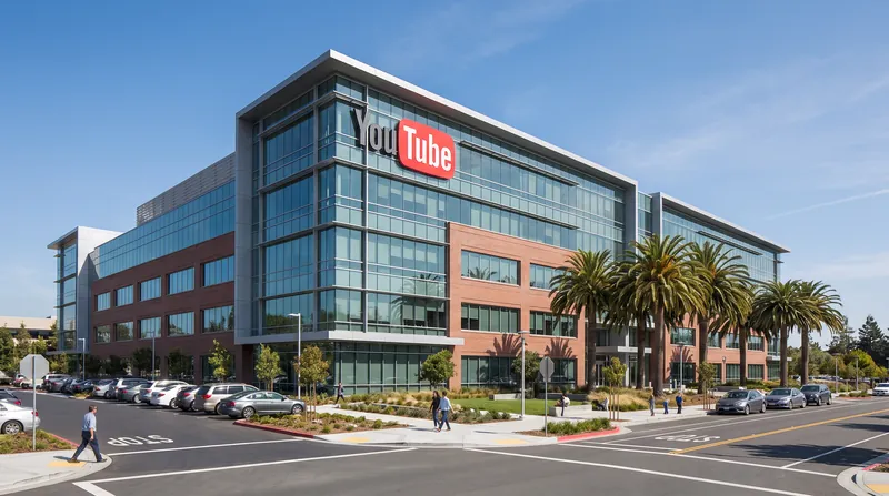 Exterior view of the YouTube corporate headquarters building in San Bruno, California under a clear sky.
