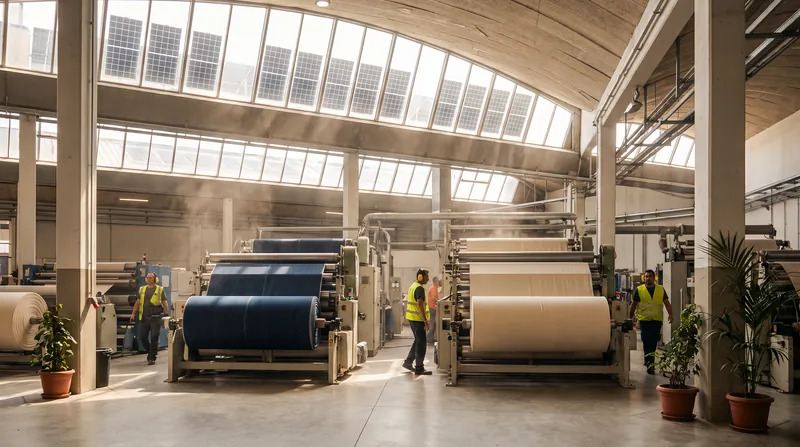 A textile mill interior illuminated by sunlight, featuring large rolls of fabric and overhead solar panels.