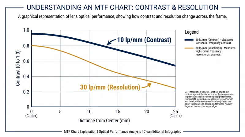 The 10 lp/mm line measures overall contrast, while the 30 lp/mm line measures the resolution of fine detail.