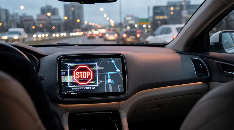 A digital dashboard screen showing a stop sign surrounded by a glitching, pixelated bounding box.
