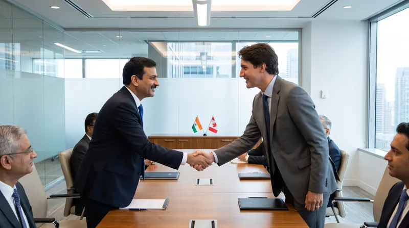 Indian and Canadian trade officials shaking hands across a negotiation table in a modern boardroom.