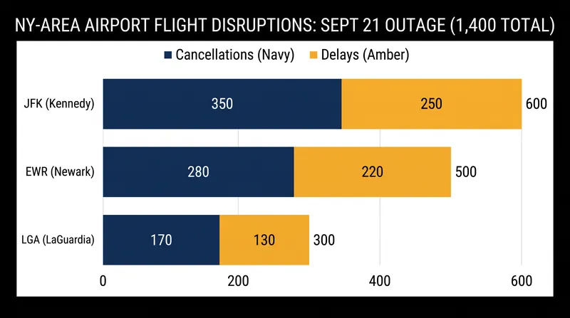 The three primary New York-area airports collectively recorded over 1,400 flight disruptions during the eight-hour ground stop.