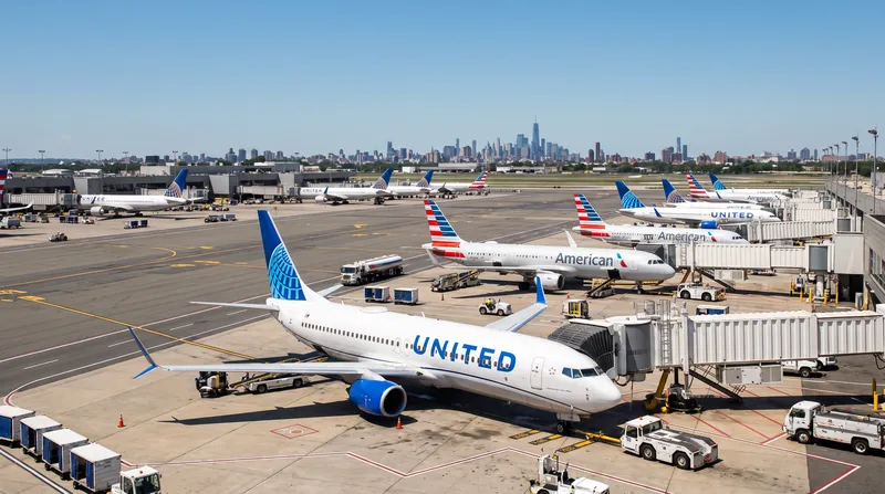 Commercial passenger aircraft parked at terminal gates at Newark Liberty International Airport during daylight hours.