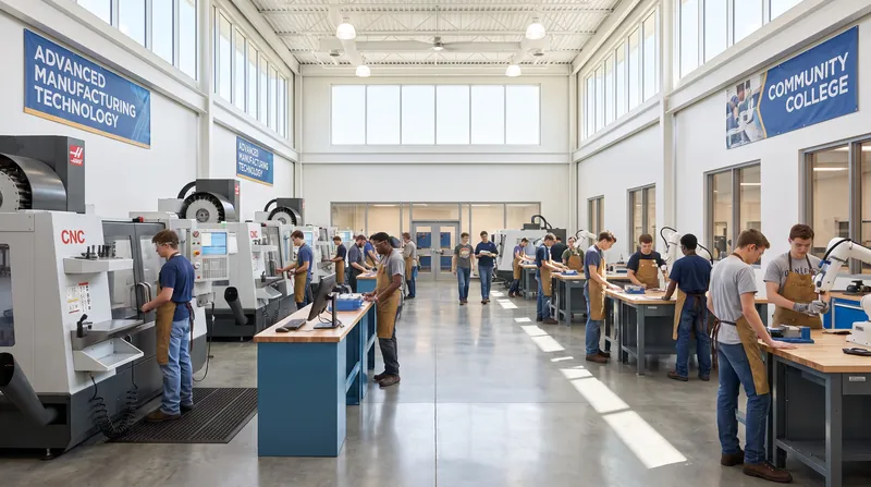 Students in safety glasses operating modern CNC machines in a brightly lit community college training center.