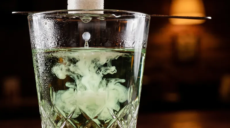 Close-up of clear absinthe in a glass turning milky white as a drop of water hits the surface.