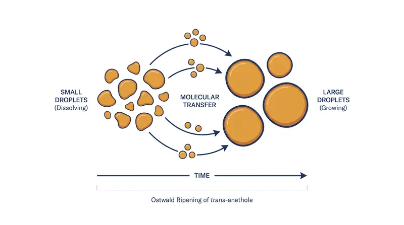 During Ostwald ripening, smaller, less stable droplets gradually dissolve and transfer their mass to larger droplets.