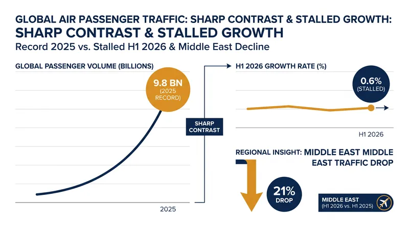 Global passenger growth slowed to just 0.6% in the first half of 2026, dragged down by a 21% decline in the Middle East.