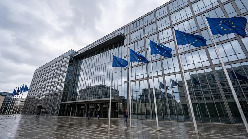 The exterior of the General Court of the European Union building in Luxembourg with flags.
