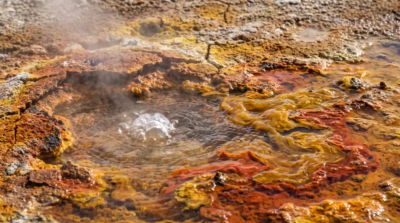 Steam rising from a vibrant orange and yellow geothermal hot spring in a volcanic landscape.
