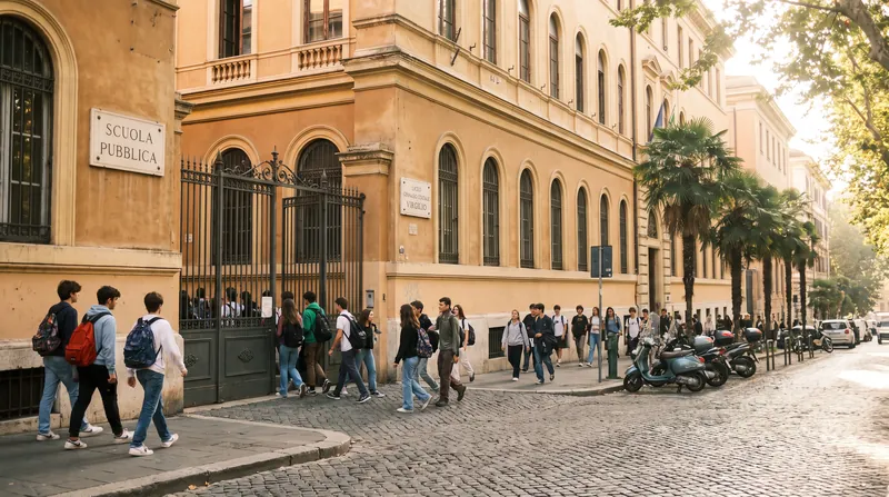 Exterior view of a traditional Italian public school building with students walking through the front gates.