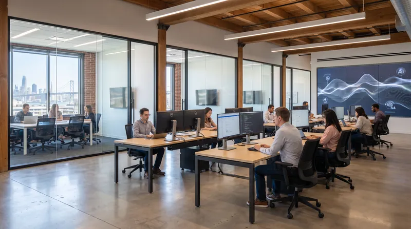 A modern, brightly lit tech startup office interior with glass walls and minimalist workstations.