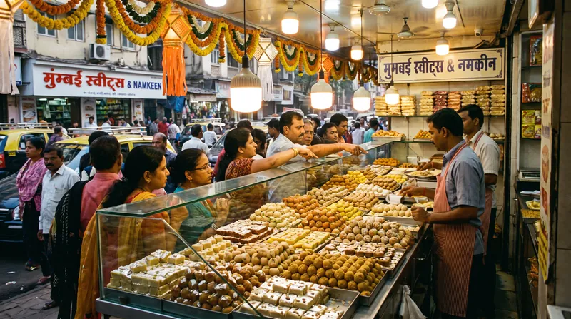 A vibrant display of traditional Indian sweets behind a glass counter in a bustling Mumbai shop.