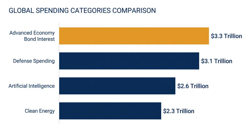 Advanced economies now spend more on government bond interest than the world invests individually in defense, AI, or clean energy.