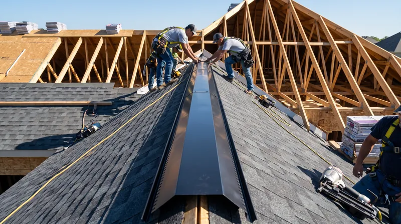 A residential roof under construction showing a black continuous ridge vent being installed over asphalt shingles against a blue sky.